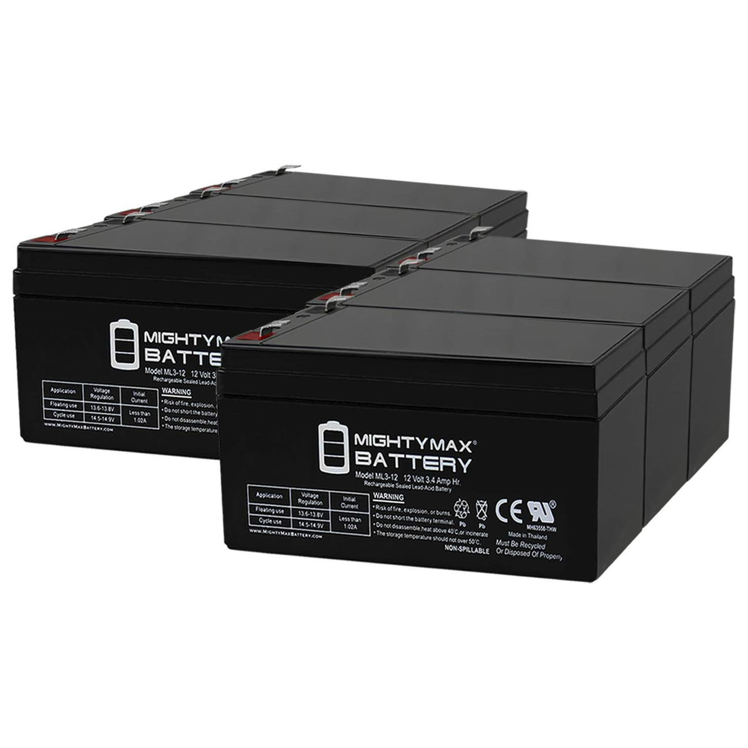 ML3-12 12V 3.4Ah UPS Battery for Long Batteries WP312 - 6 Pack