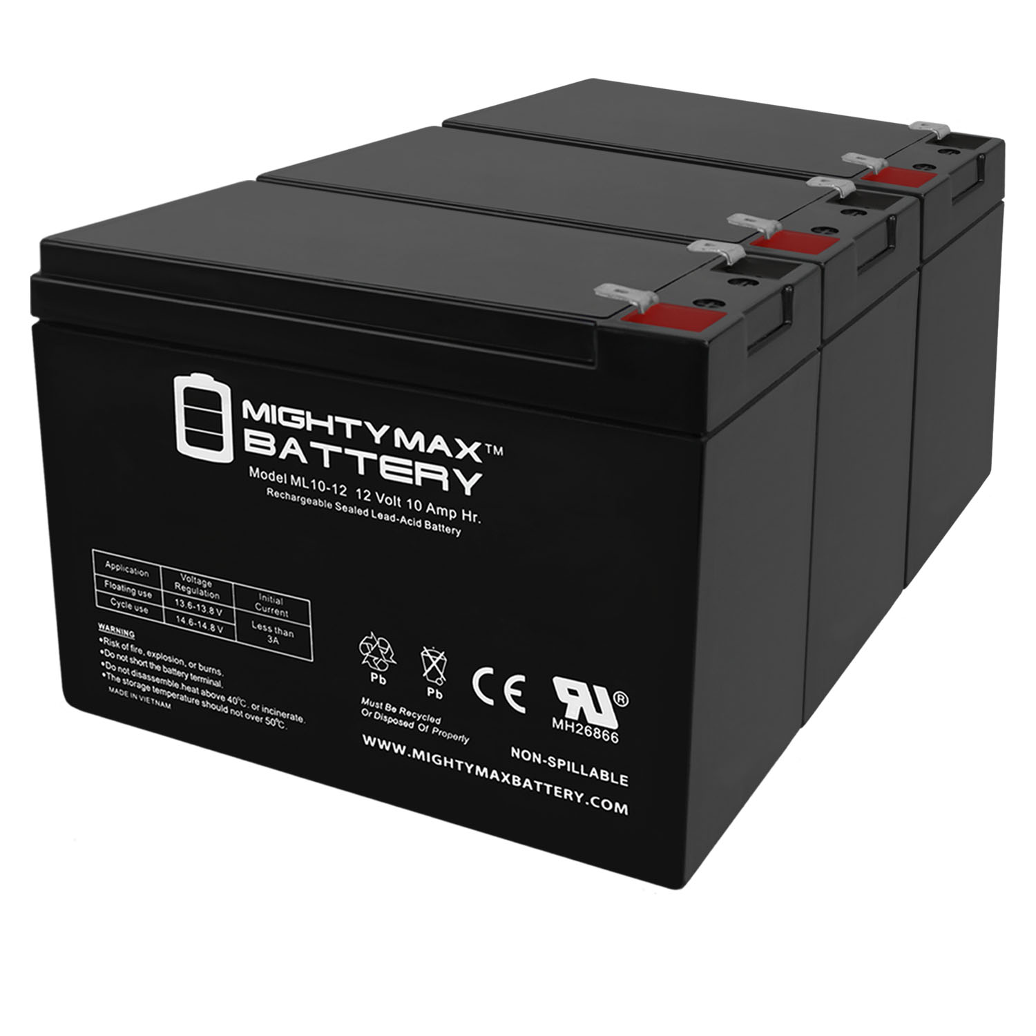 ML10-12 - 12V 10AH SLA Battery - T2 Terminals - for ZB-12-10 - 3 Pack