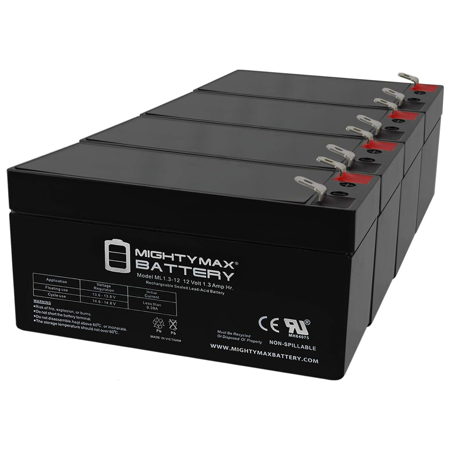 12V 1.3Ah Replacement Battery Compatible with Panasonic LC-R121R3P Black Medium VRLA - 4 Pack