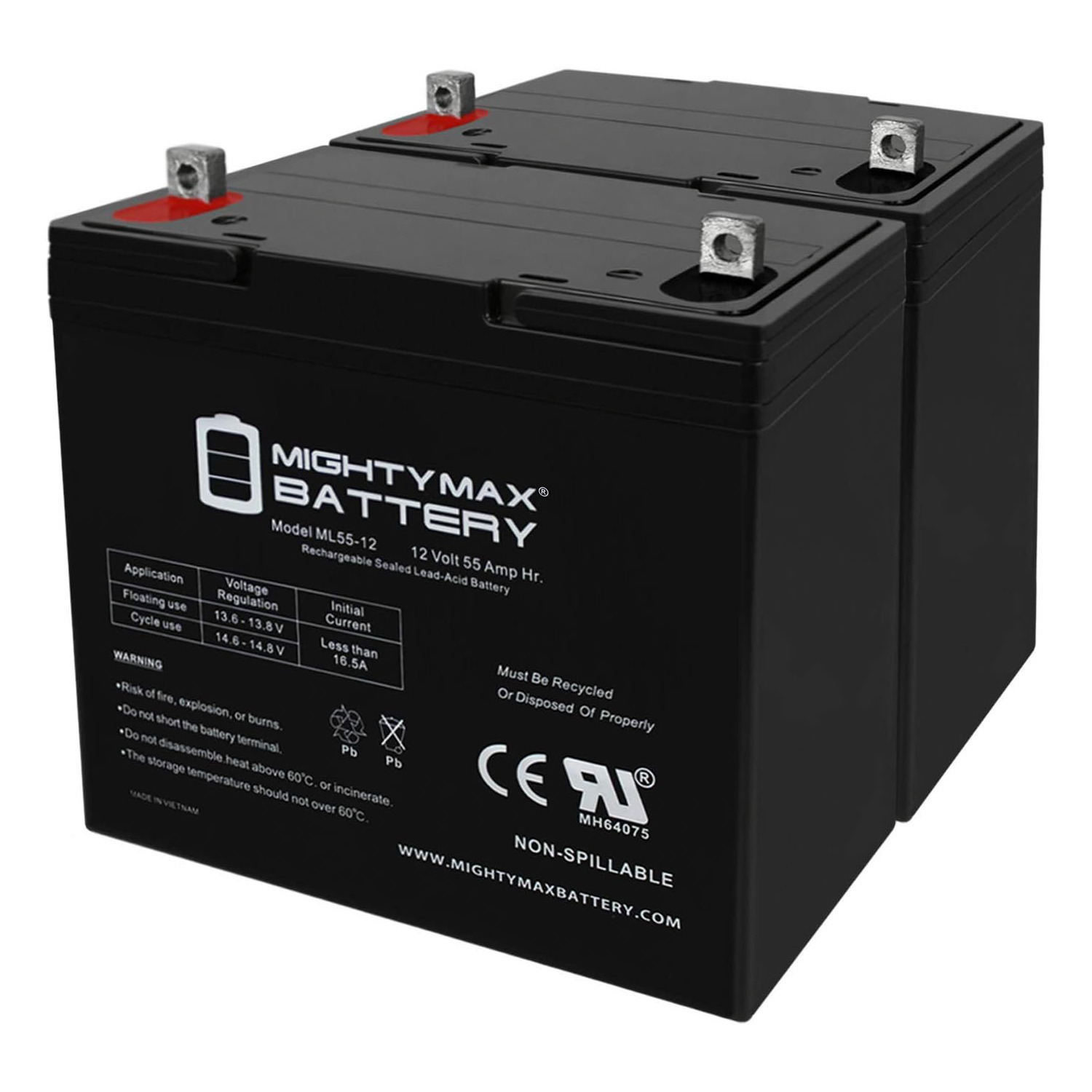 12V 55Ah Universal Power Group 45825 Sealed Lead Acid Battery - 2 Pack