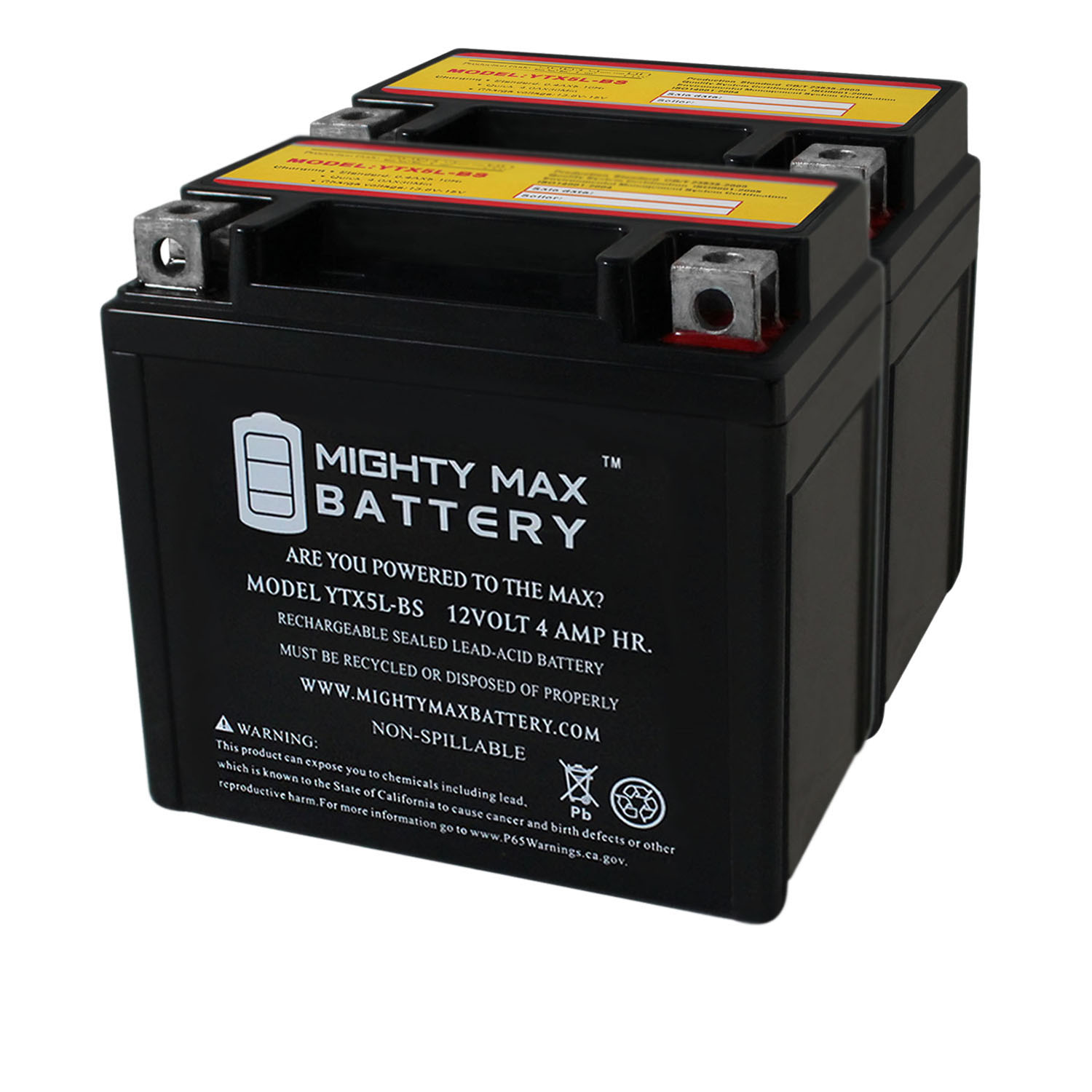 YTX5L-BS MOTORCYCLE BATTERY REPLACEMENT - 12V 4AH - 80 CCA - 2 PACK