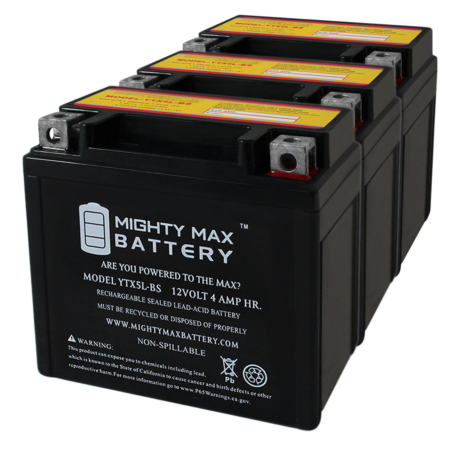 YTX5L-BS MOTORCYCLE BATTERY REPLACEMENT - 12V 4AH - 80 CCA - 3 PACK