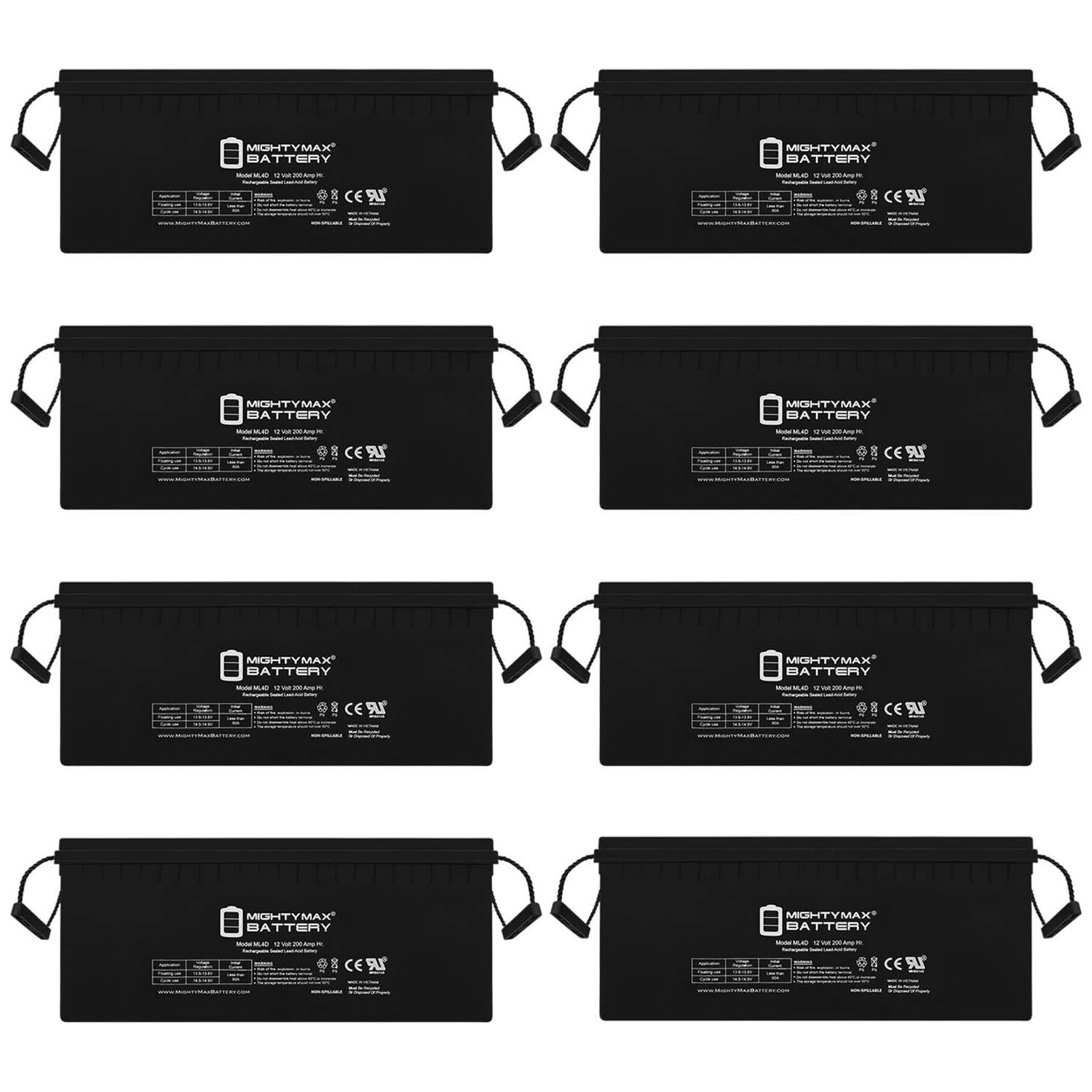 Sealed Lead-Acid Battery - AGM-type, 12V, 200 Amps - 8 Pack