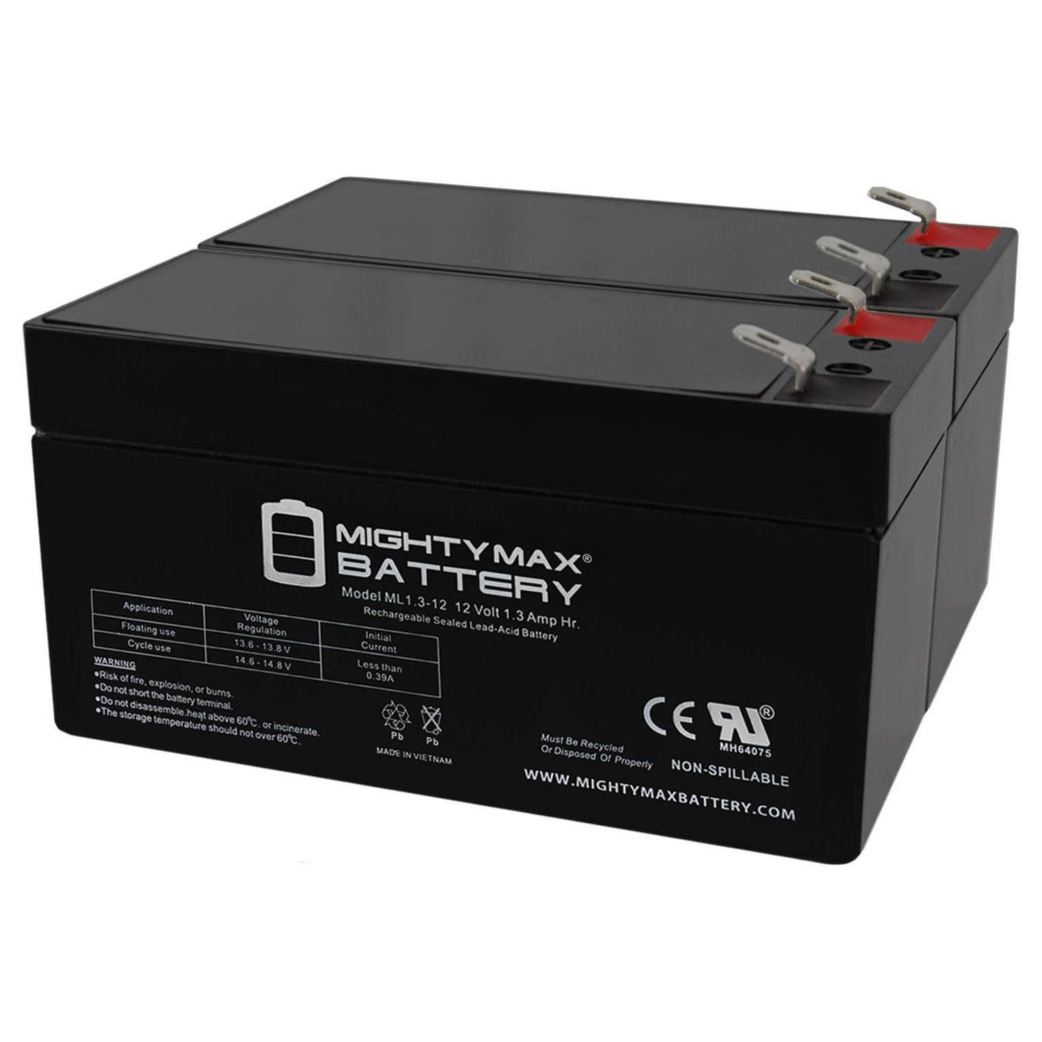 12V 1.3Ah Replacement Battery for Edwards EST - 2 Pack