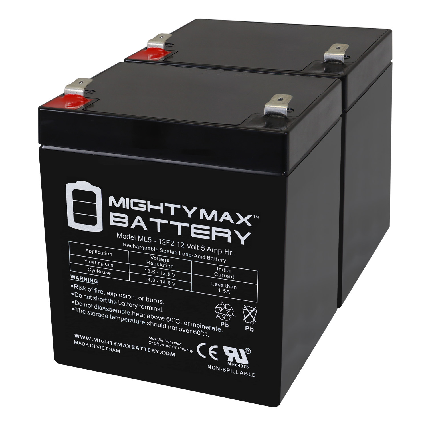 12V 5Ah F2 SLA Replacement Battery for Ritar RT1245H-F2 - 2 Pack