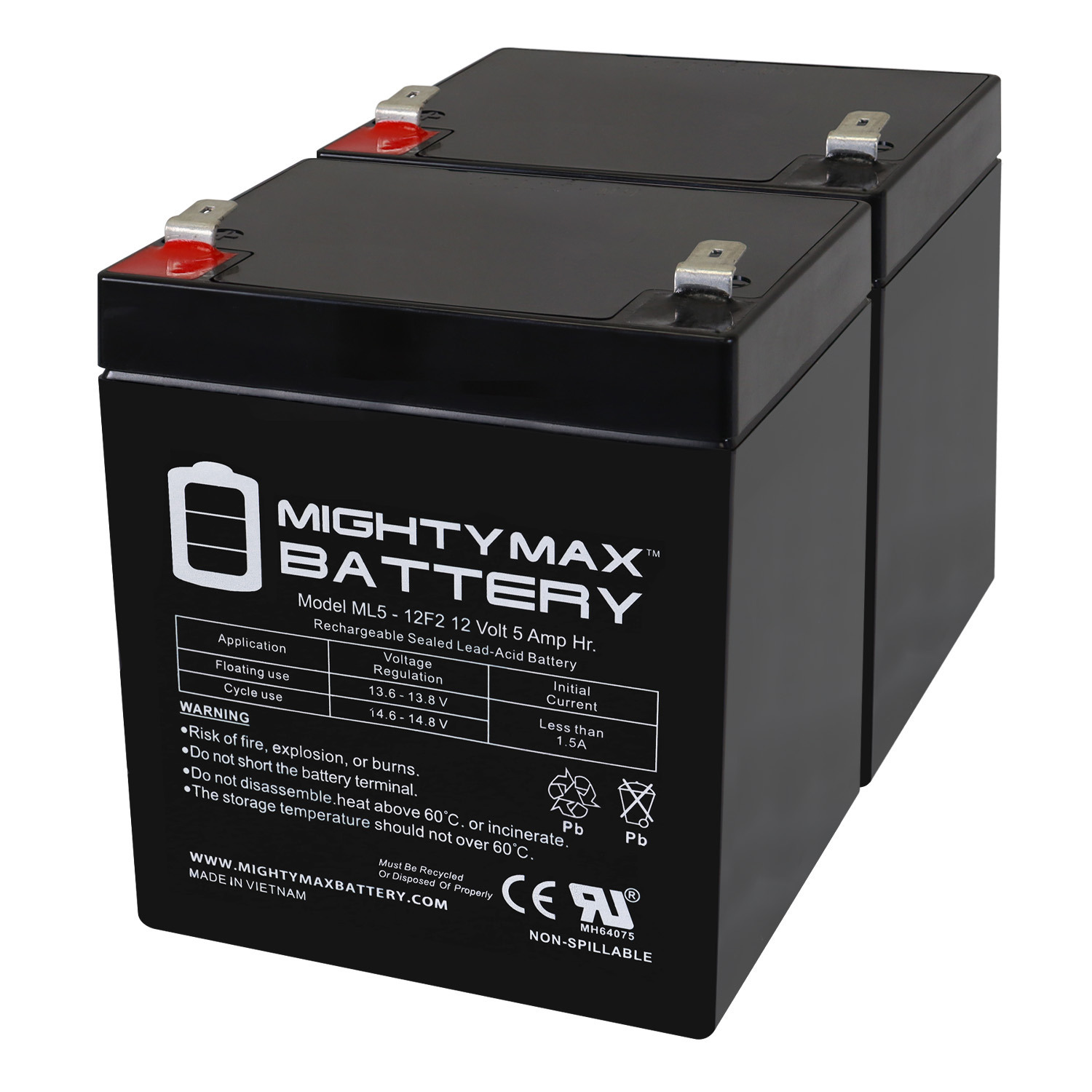 12V 5Ah F2 SLA Replacement Battery for Razor CB 4.5-12 - 2 Pack
