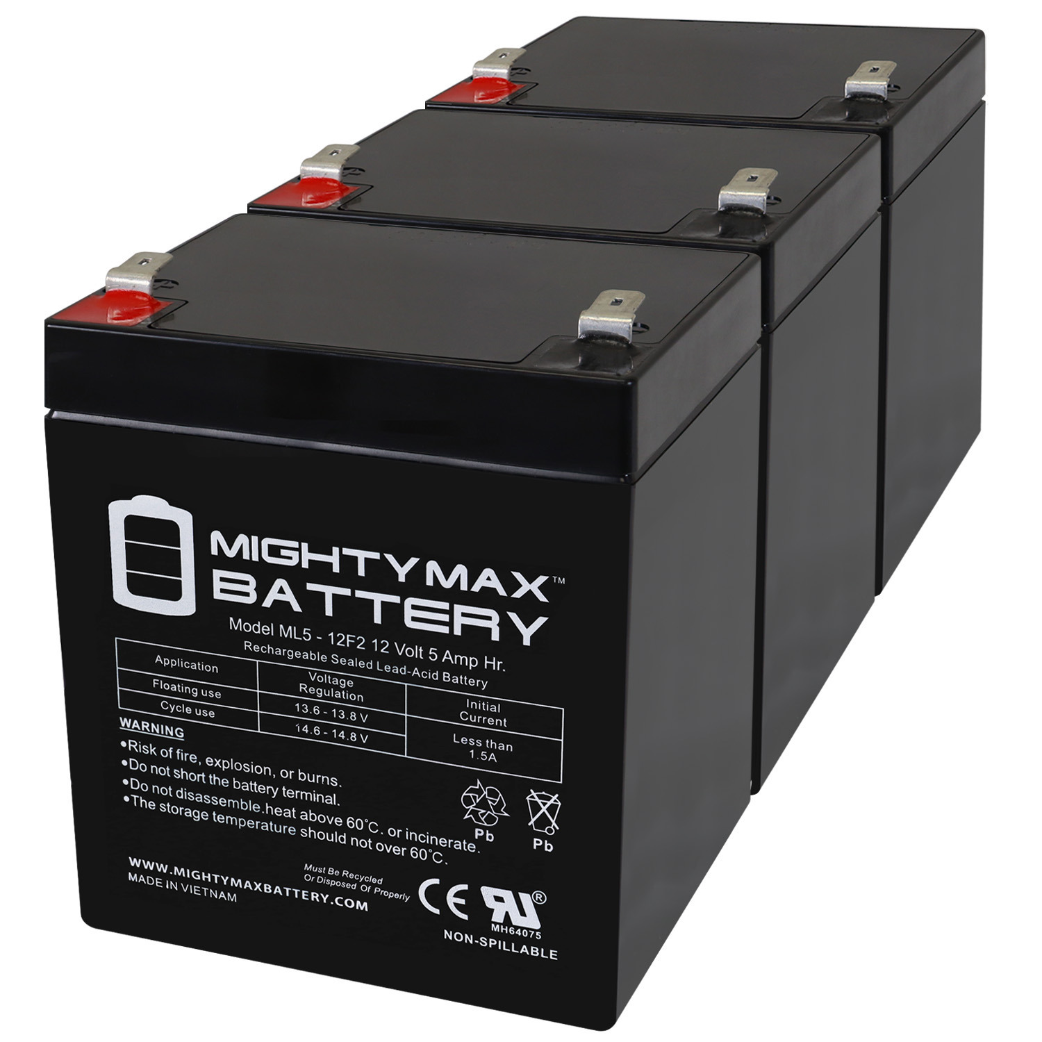 12V 5Ah F2 SLA Replacement Battery for Continental CB1250-F2 - 3 Pack