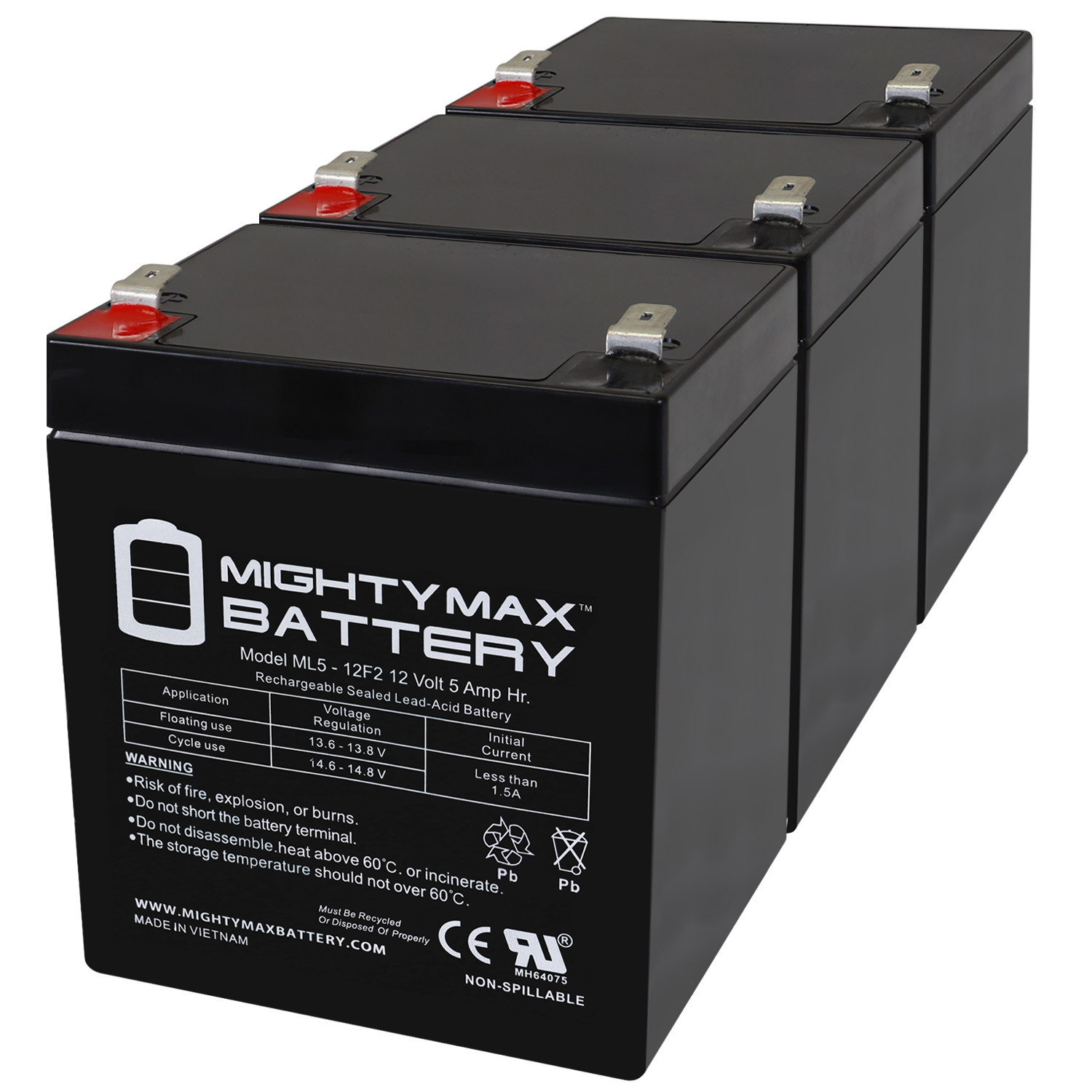 12V 5Ah F2 SLA Replacement Battery for Razor Junior Electric - 3 Pack