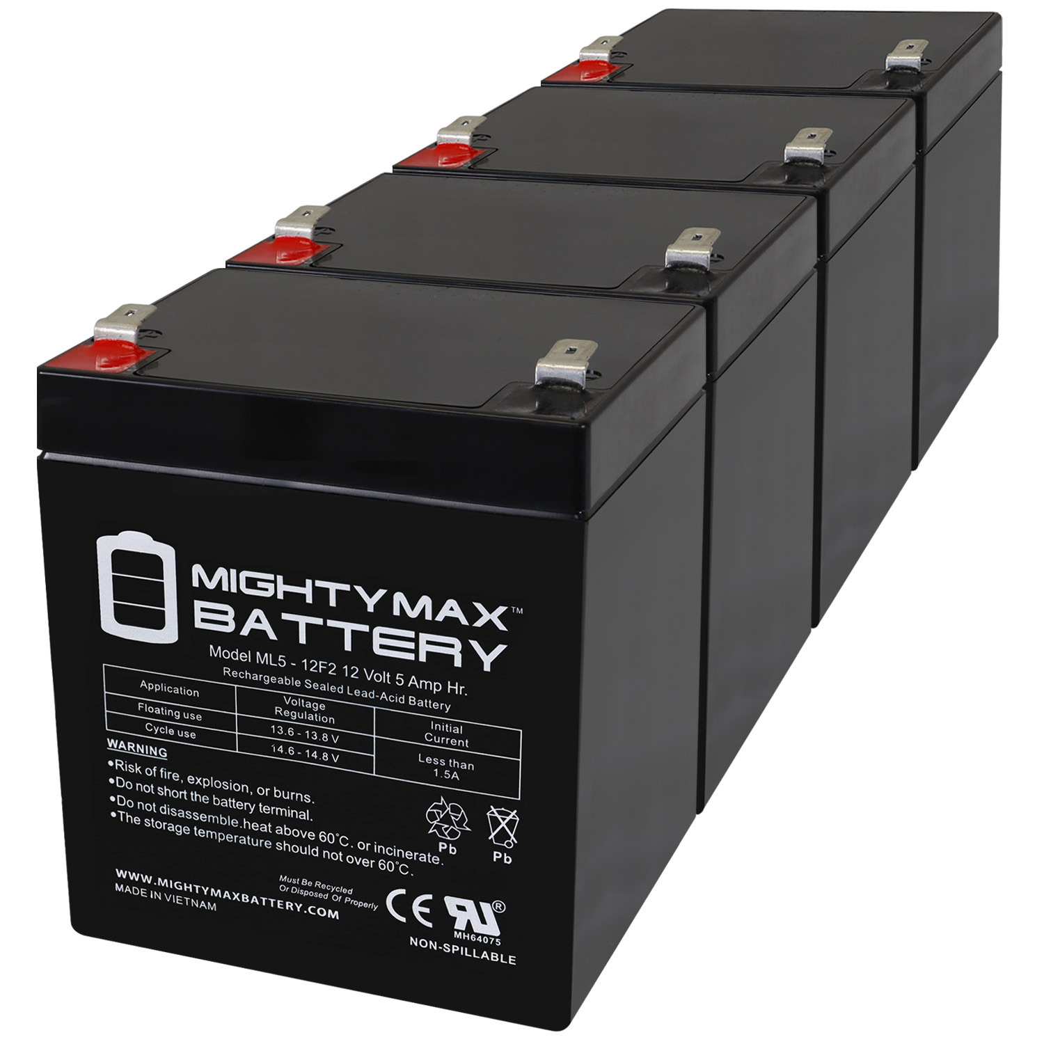 12V 5Ah F2 SLA Replacement Battery for Razor Junior Electric - 4 Pack