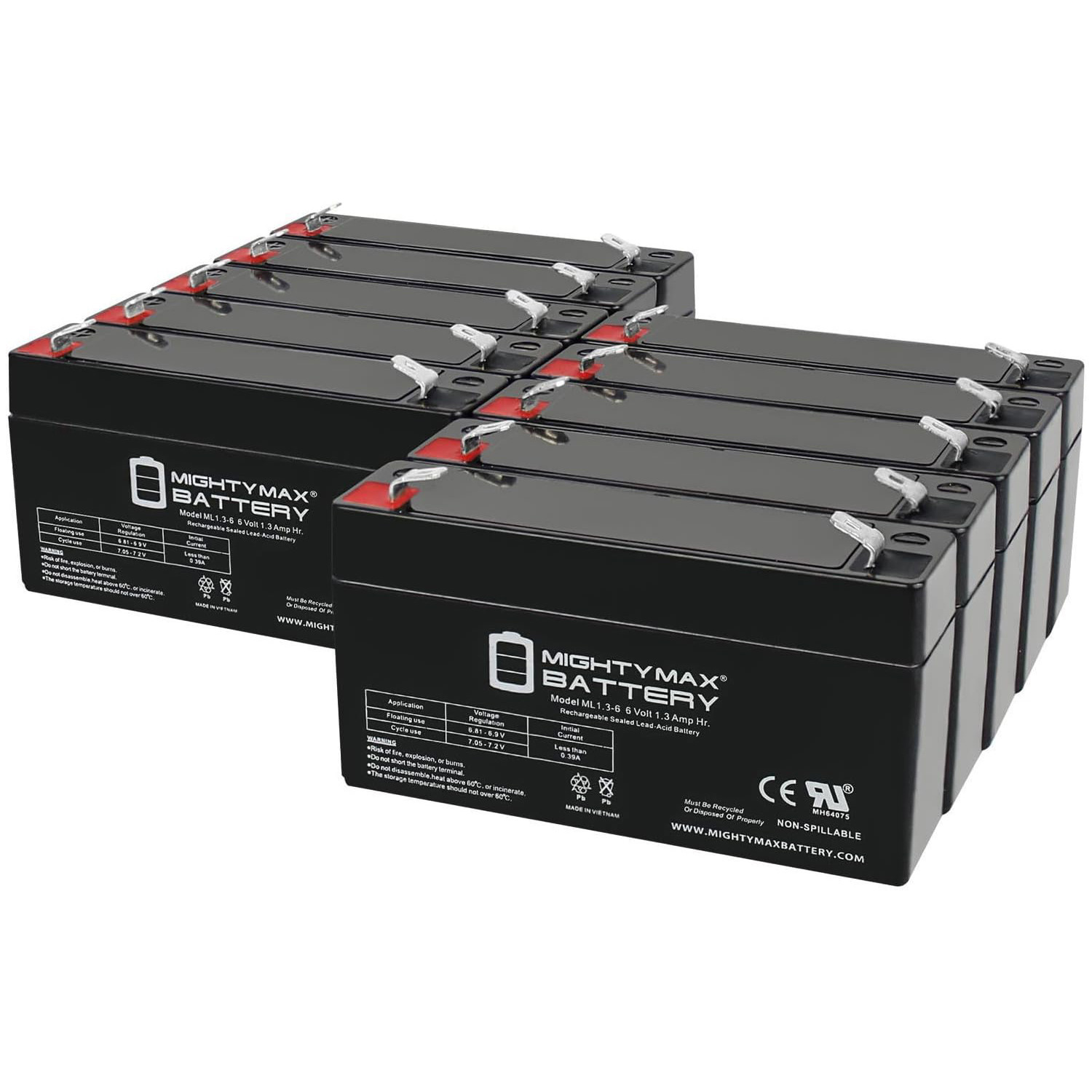 6V 1.3Ah SLA Replacement Battery Compatible with SunStone Power SPT6-1.3 - 10 Pack