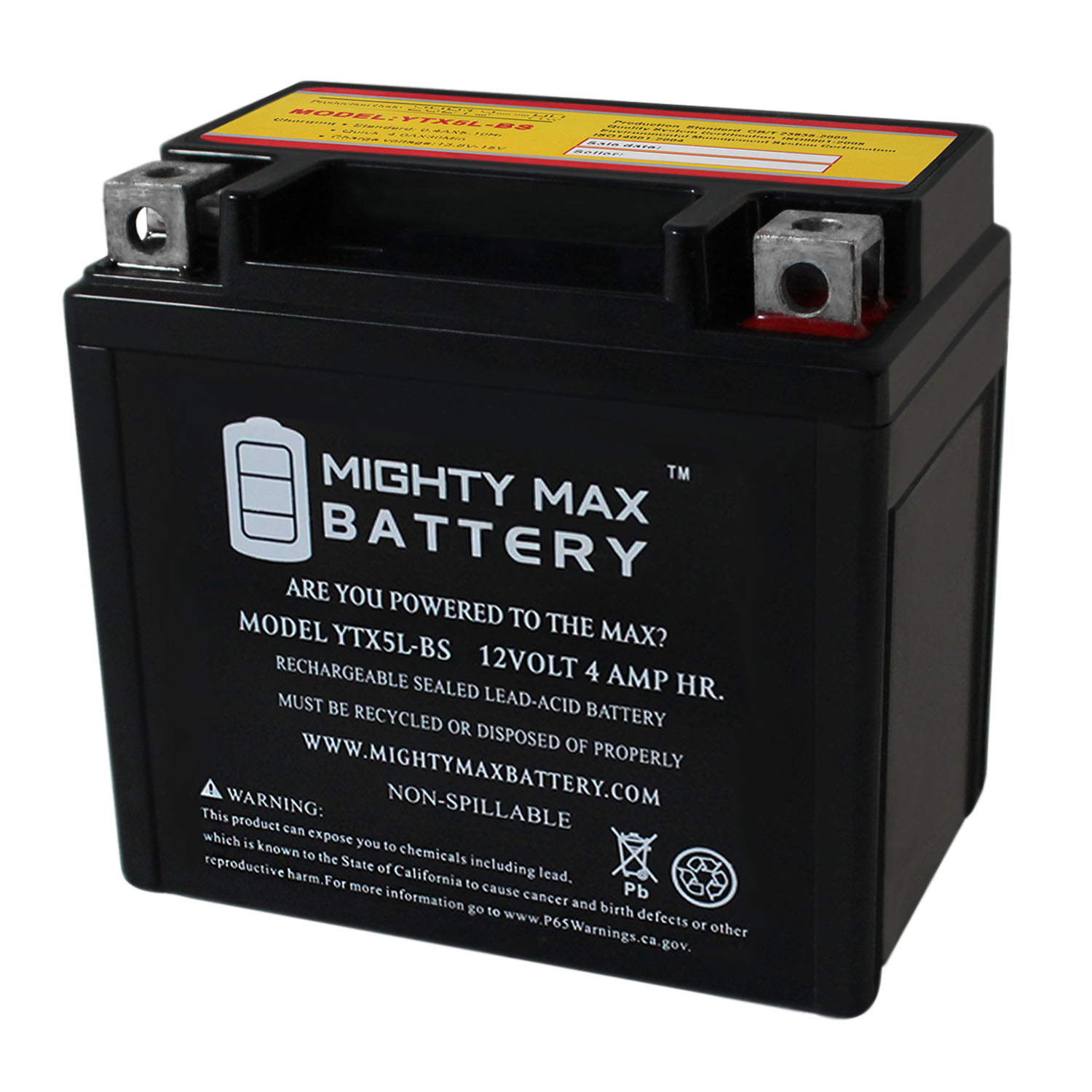 YTX5L-BS -12 Volt 4 AH, 80 CCA, Rechargeable Maintenance Free SLA AGM Motorcycle Battery - YTX5L-BS