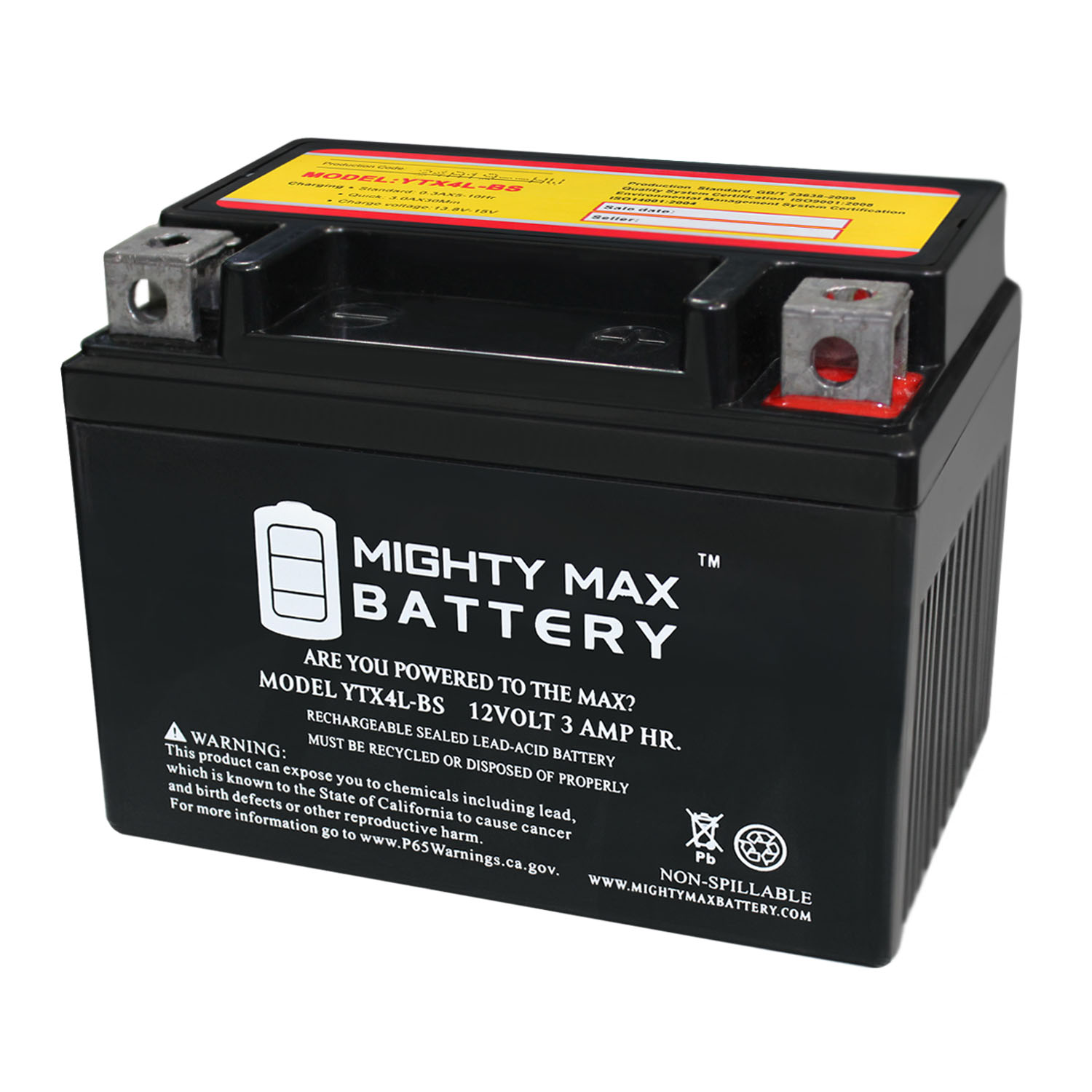YTX4L-BS - 12 Volt 3 AH, 50 CCA, Rechargeable Maintenance Free SLA AGM Motorcycle Battery - YTX4L-BS