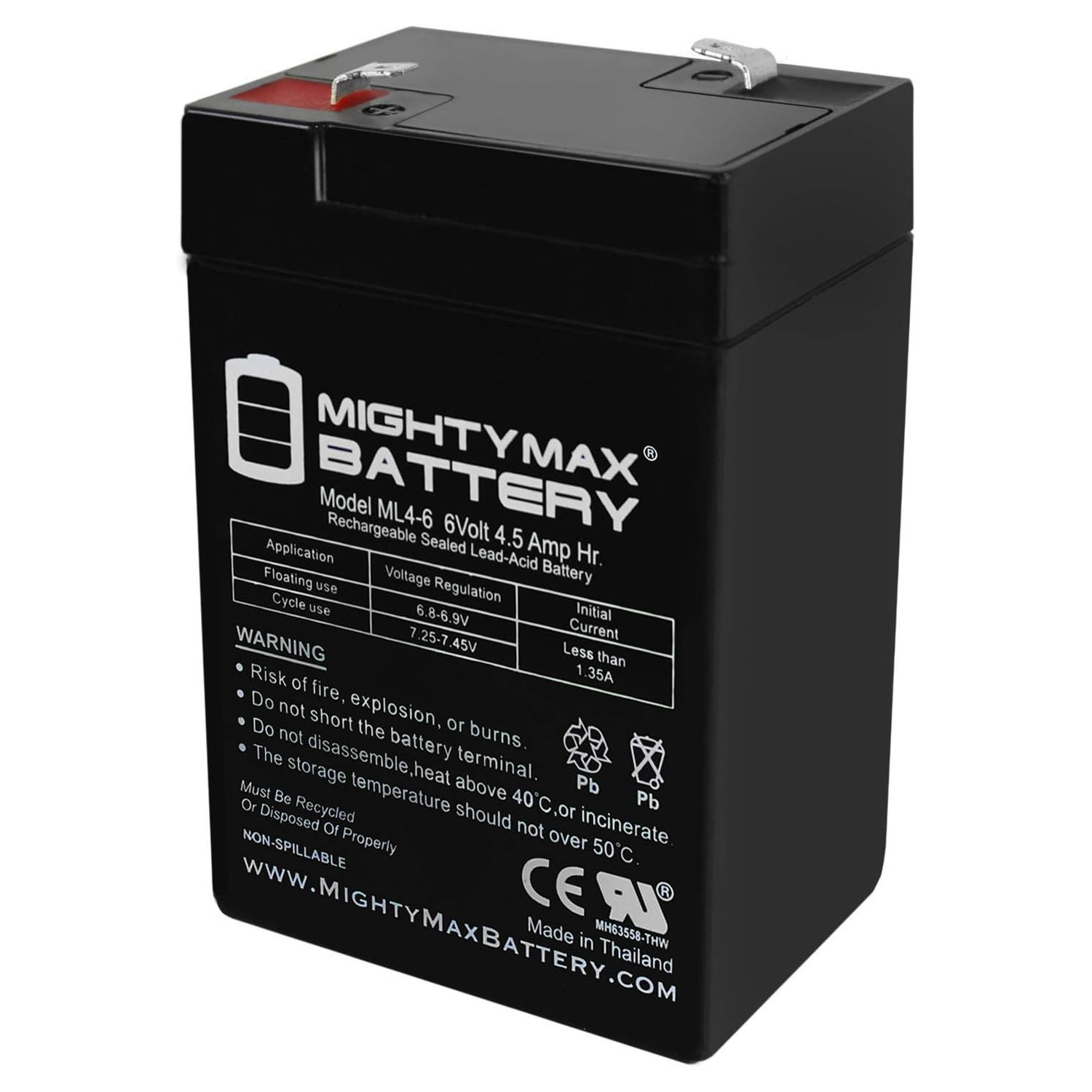 Mighty Max Battery ML4-6 - 6 Volt 4.5 AH, F1 Terminal, Rechargeable SLA AGM Battery - ML4-6