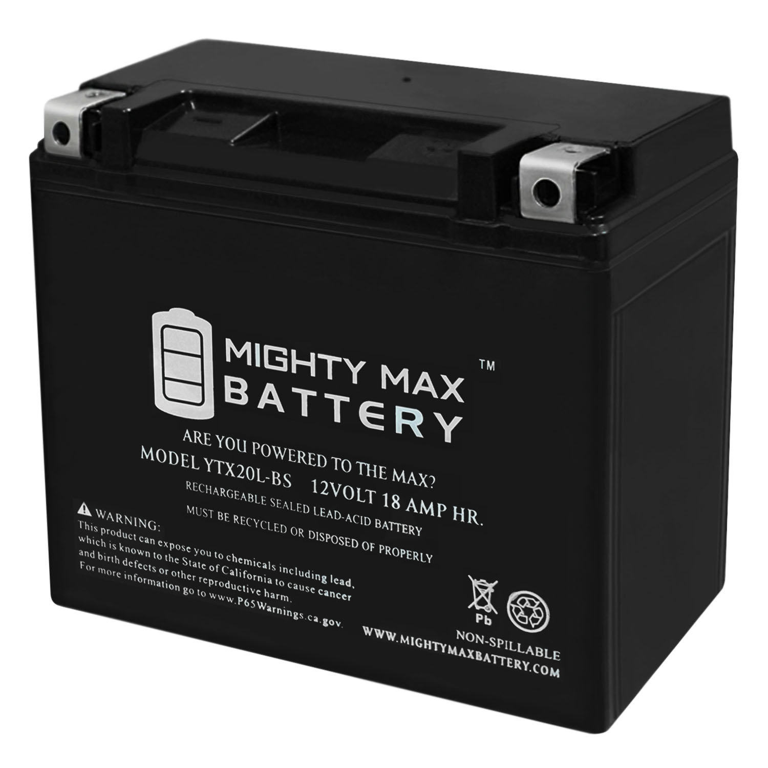 YTX20L-BS - 12 Volt 18 AH, 270 CCA, Rechargeable Maintenance Free SLA AGM Motorcycle Battery - YTX20L-BS
