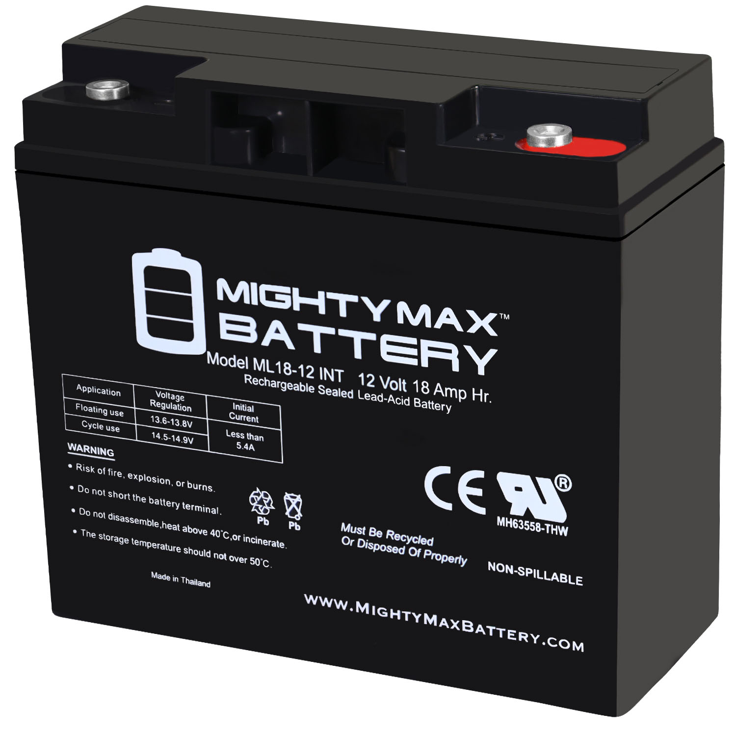 ML18-12INT - 12 Volt 18 AH, Internal Thread (INT) Terminal, Rechargeable SLA AGM Battery - ML18-12INT