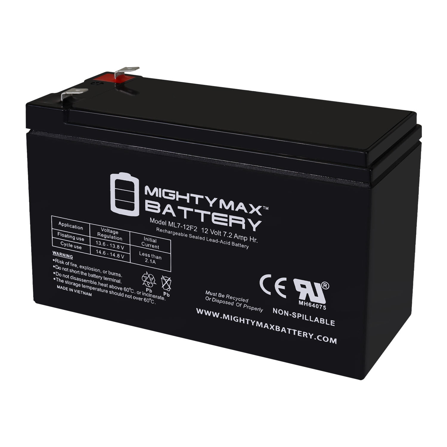 Mighty Max Battery ML7-12F2 - 12 Volt 7 AH, F2 Terminal, Rechargeable SLA AGM Battery - ML7-12F2