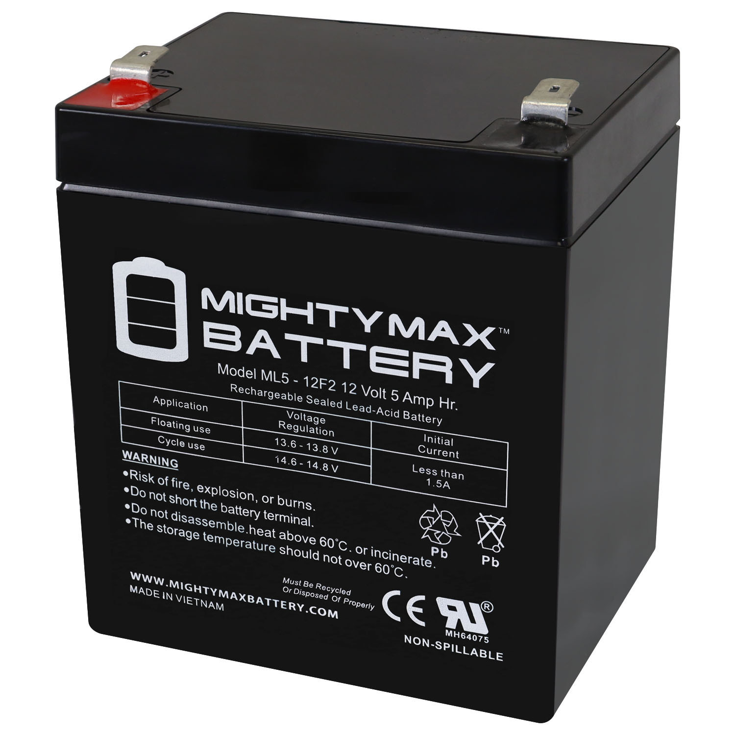 Mighty Max Battery ML5-12F2 - 12 Volt 5 AH, F2 Terminal, Rechargeable SLA AGM Battery - ML5-12F2