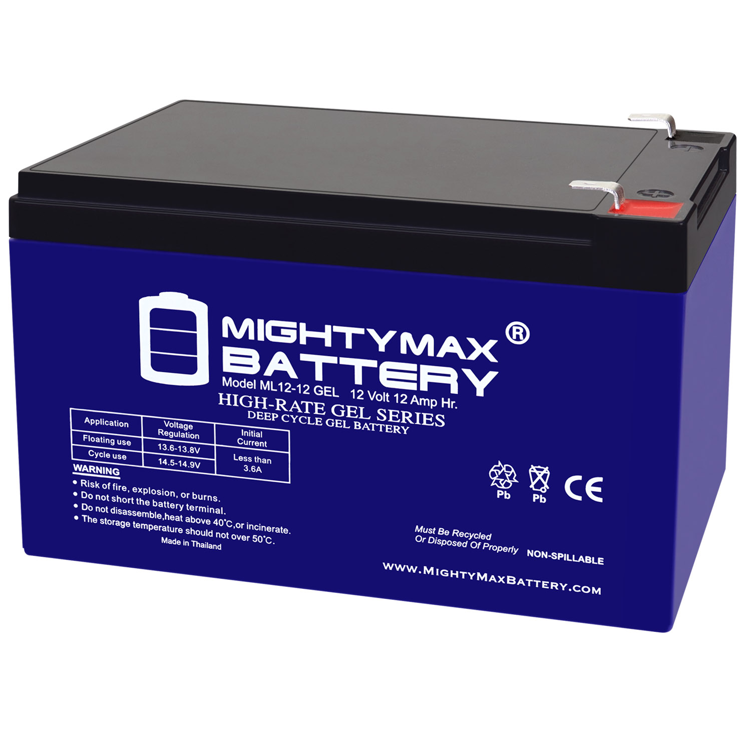 ML12-12GEL - 12 Volt 12 AH, GEL Type, F2 Terminal, Rechargeable SLA AGM Battery - ML12-12GEL